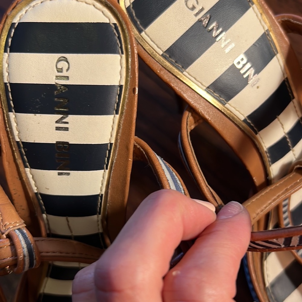 Gianni Bini navy blue white striped tan brown high heel sandals women’s shoes 8‌ - Picture 4 of 7